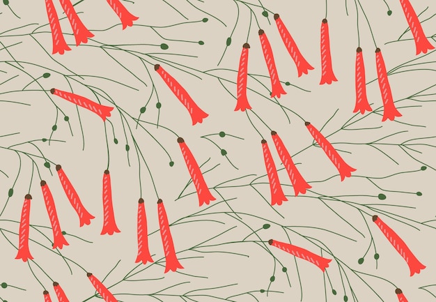 Herhaal oppervlakteontwerp van dunne lange wilde Russelia bloemen en twijgen op beige achtergrond Naadloos patroon van rode en groene voetzoeker plant silhouetten op neutrale achtergrond