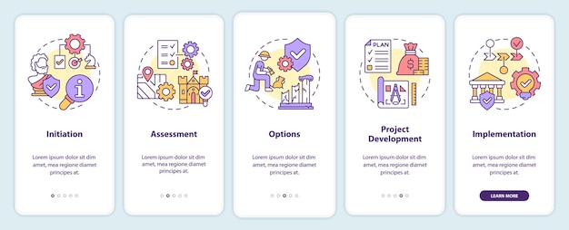 モバイルアプリ画面のオンボーディングの遺産保護プロセス保護ウォークスルー線形の概念を備えた5つのステップのグラフィック指示ページuiuxguiテンプレート無数のprobold使用される通常のフォント
