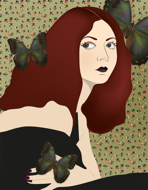 Vector hermosa mujer botanica peliroja rodeada de mariposas en un fondo floral muy vintage