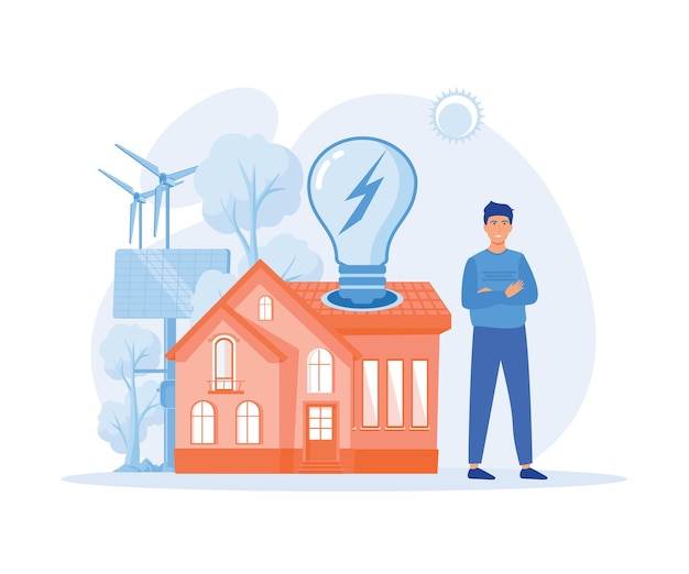 Hernieuwbare energie en elektriciteitsbesparingsconcept karakters staan in de buurt van een privé-ecohuis