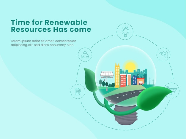 Hernieuwbare energiebronnen concept met eco groene stad binnen gloeilamp op blauwe achtergrond.