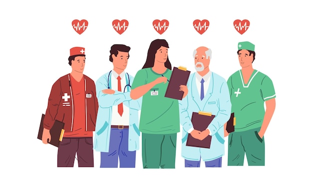 Vector hero doctors health care medical team medics and nurses standing together clinic workers heal and save lives hospital staff in uniform heart sign with pulse line vector illustration