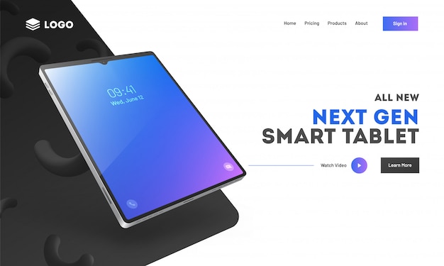 Hero shot or landing page design with smart tablet.