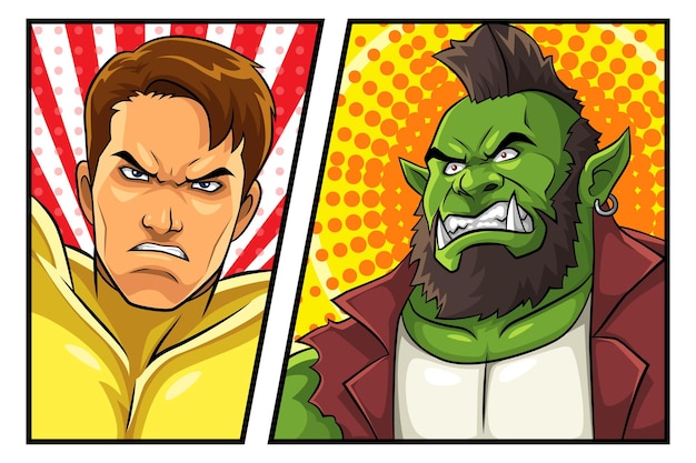 Vector hero vs villain comic panel cartoon vector pop art