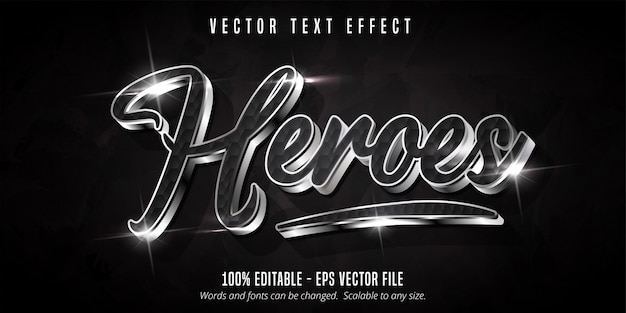 Vector heroes text, shiny silver style editable text effect