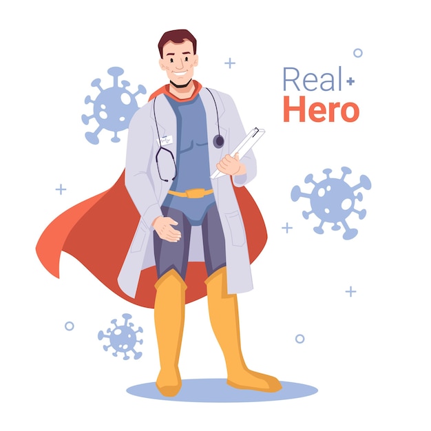 Medico eroico che combatte contro il personaggio dei cartoni animati della malattia di coronavirus con stetoscopio e mantello