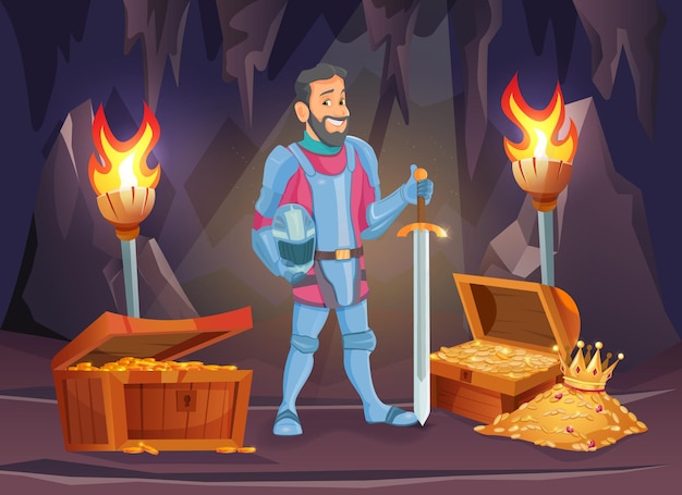Heroïsche avonturenscène met ridder met zwaard die betoverde schatten vindt in magische grot