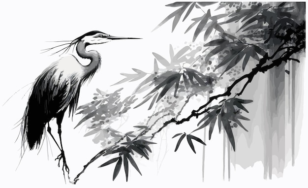 Vettore illustrazione di vettore dell'albero di bambù e dell'airone