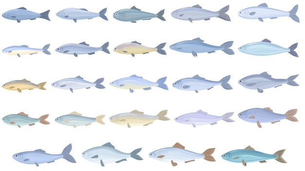 Набор иконок сельди вектор мультфильма Треска рыба Водяная форель