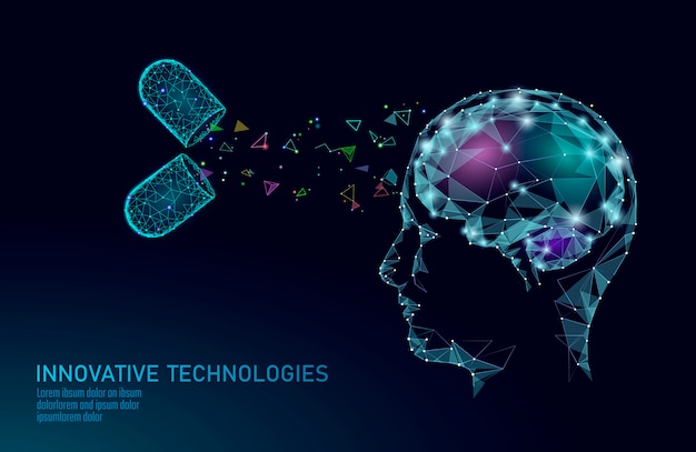 Hersenen behandeling laag poly render. drug nootropic menselijk vermogen stimulerende slimme mentale gezondheid. geneeskunde cognitieve revalidatie bij de ziekte van alzheimer en dementie