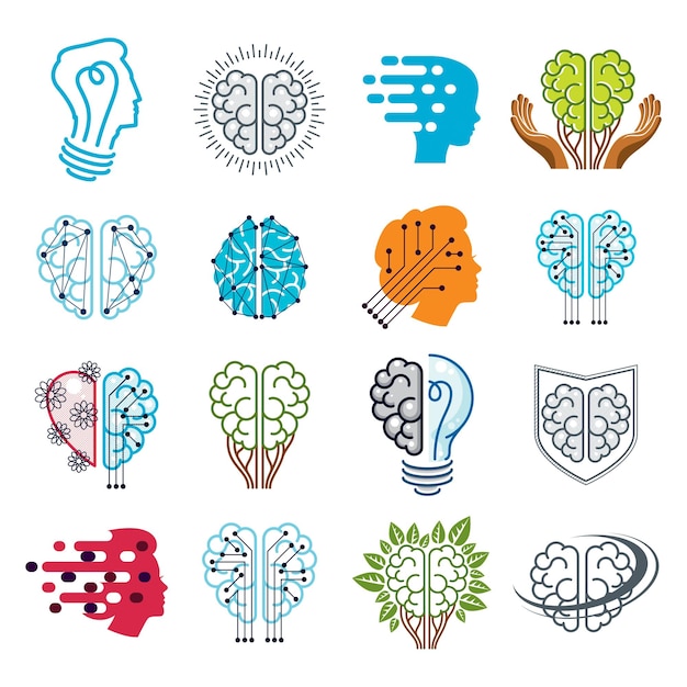 Hersenen en intelligentie vector iconen of logo's concepten set. Kunstmatige intelligentie, heldere geest, hersentraining, gevoelens van ziel versus rationeel denken, creativiteit, brainstormen, geestelijke gezondheid.