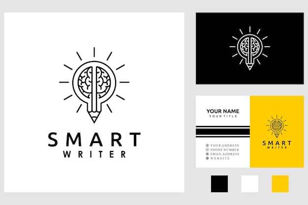hersenen gloeilamp of zon met potlood slimme schrijver redacteur logo ontwerp vectorillustratie