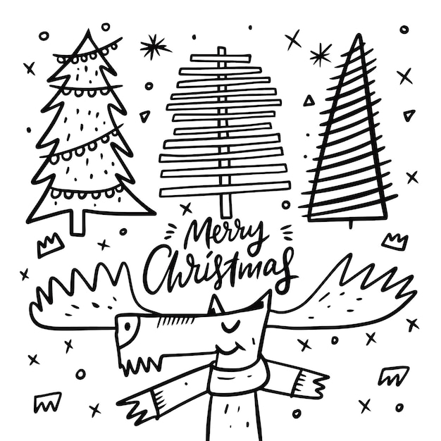 Herten en drie kerstbomen. doodle stijl. cartoon hand loting kleuren. geïsoleerd op witte achtergrond