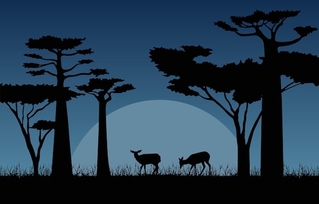 Vector herten in donkere nacht savanne landschap afrika wildlife illustratie