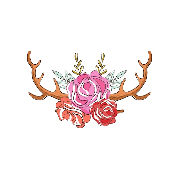 Hertenhoorns met roze bloemen hand getrokken bloemensamenstelling met geweien vectorillustratie op een witte background