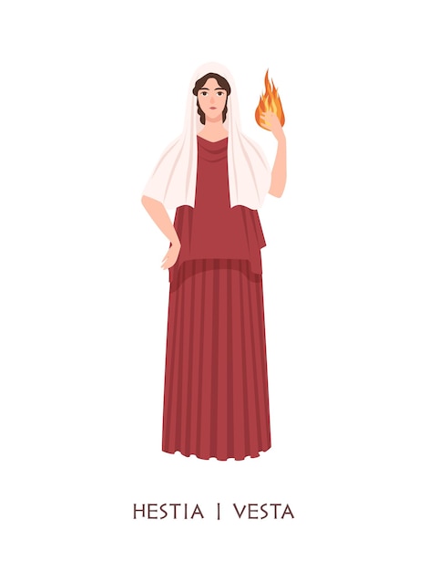 Hestia of vesta - godheid of maagdelijke godin van haard, huis, huiselijkheid, familie uit de oude griekse en romeinse religie. vrouwelijk mythologisch personage met vuur. platte cartoon vectorillustratie.