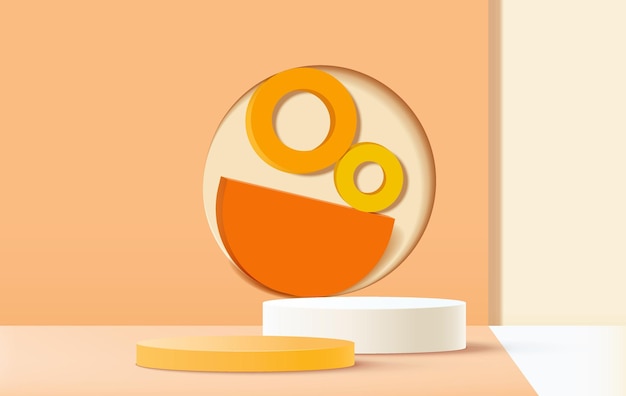 Het abstracte 3d witte en oranje podium van het cilindervoetstuk met de scène van de pastelkleurmuur en halve cirkelachtergrond