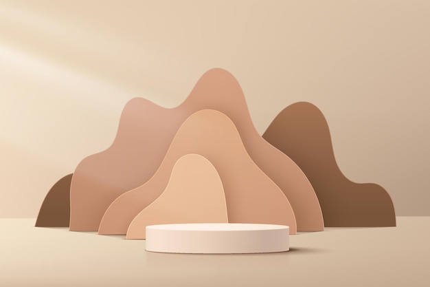 Het abstracte beige 3d podium van het cilindervoetstuk met bruine vloeibare golvende lagenachtergrond. lichtbruine minimale wandscène voor presentatie van cosmetische producten. vector geometrische rendering platformontwerp.