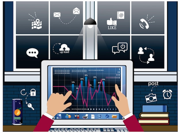 Het analyseren van gegevens op een computer vector illustratie grafisch ontwerp