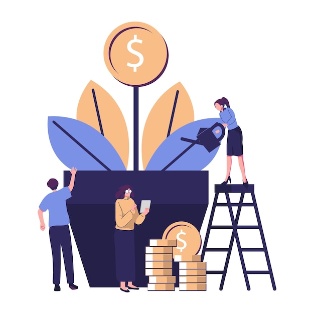 het bedrijf is bezig met teamwork carrière groei tot succes platte kleur pictogrammen zakelijke analyse contante winst geld boom