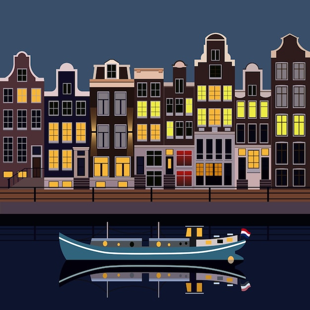 Vector het beroemde kanaal van amsterdam met huizen en een boot om te wandelen nacht uitzicht op amsterdam