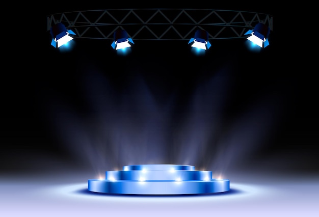 Het blauwe podium is winnaar of populair op de zwarte achtergrond