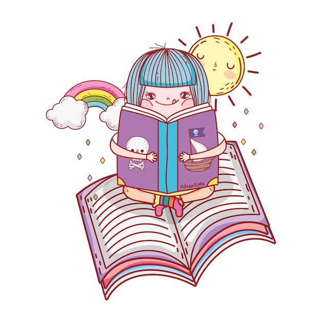 Het boek van de meisjeslezing met regenboog en zon kawaii