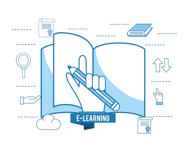 Het boekonderwijs van e-learning en hand met potlood