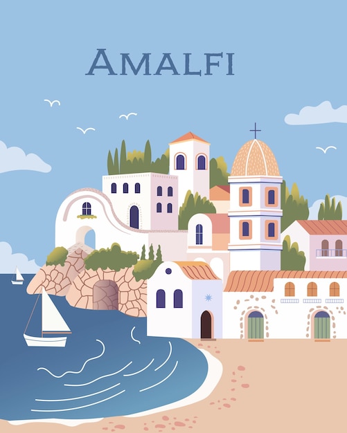 Het charmante landschap aan de kust van Amalfi toont een prachtig kustdorp bij de serene zee