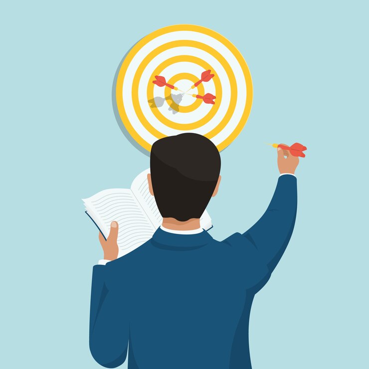 Vector het concept van de doelverwezenlijking door een succesvolle zakenman die leest. darts gooien op het doel.