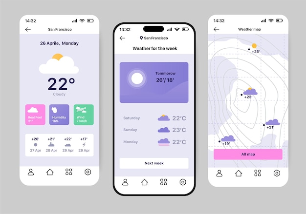 Het concept van de weervoorspellende app in vlak ontwerp Het heldere ontwerp van de applicatie