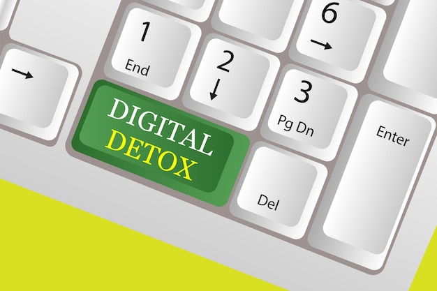 Het concept van digitale detox Een knop op het toetsenbord met de tekst digitale detox