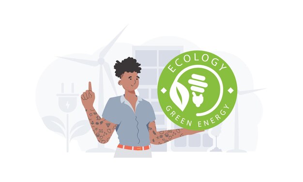 Vector het concept van ecologie en groene energie de man houdt het eco-logo in zijn handen trendy stijl vectorillustratie