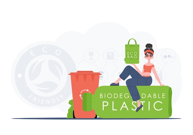 Vector het concept van ecologie en zorg voor het milieu het meisje zit op een fles met biologisch afbreekbaar plastic en houdt een eco bag in haar handen modetrendillustratie in vector