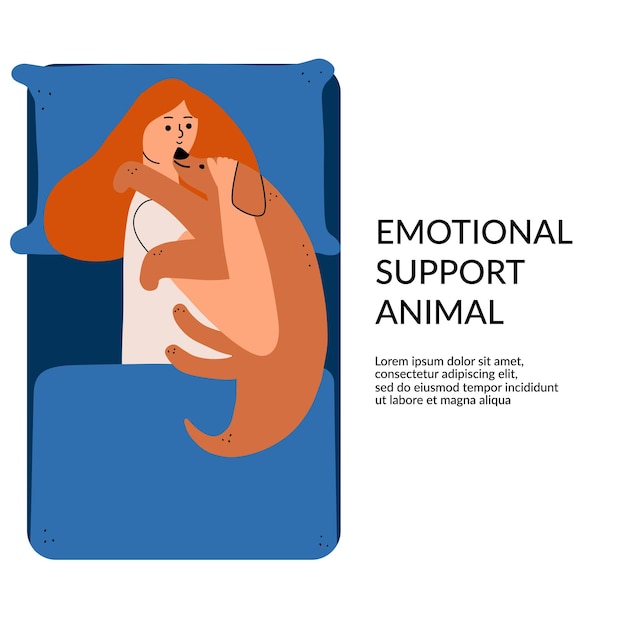 Het concept van emotionele steun door dieren Positieve mentale therapie Het meisje ligt in bed en knuffelt haar hond Vectorillustratie in vlakke stijl