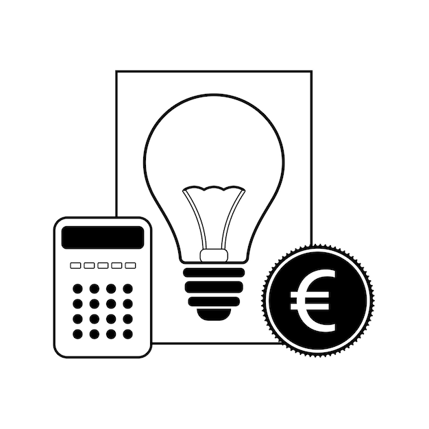 Het concept van energieprijzen icoon van de euromunt van de rekenings gloeilamp en calculator flat vector illustration