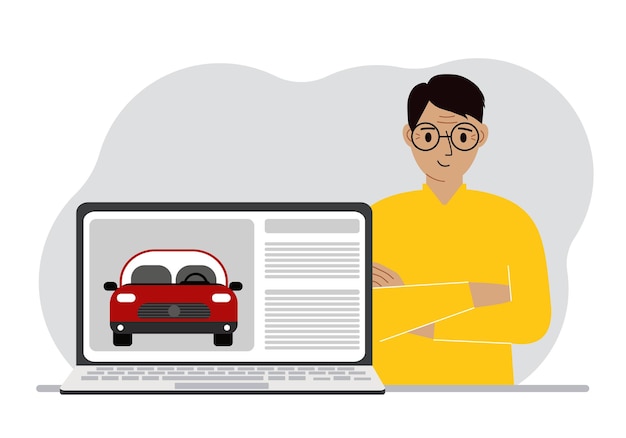 Het concept van het huren of kopen van een auto Een man met een laptop op welke site over de auto?