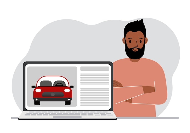 Het concept van het huren of kopen van een auto een man met een laptop op welke site over de auto?