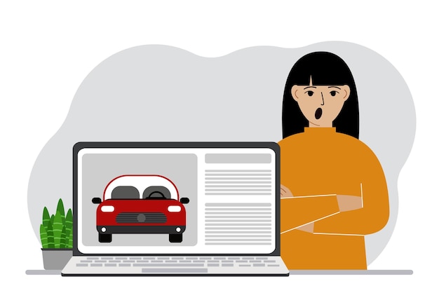 Het concept van het huren of kopen van een auto Een vrouw met een laptop op welke site over de auto?