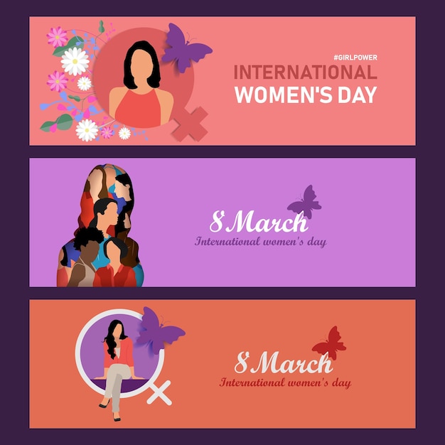 Het concept van internationale vrouwendag Banners met een meisje en bloemen op een roze achtergrond Verkoop vectorillustratie