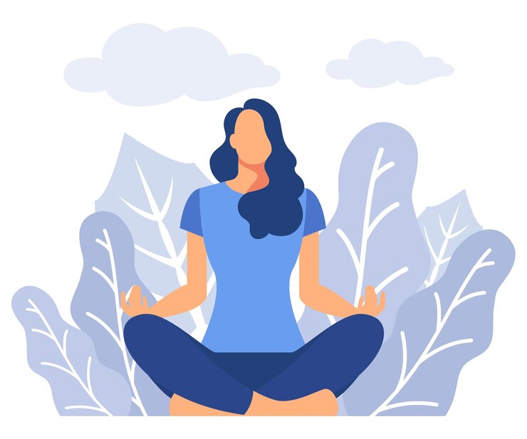 Vector het concept van meditatie, de gezondheidsvoordelen voor het lichaam, geest en emoties, het ontstaan en het zoeken naar ideeën, platte moderne vectorillustratie