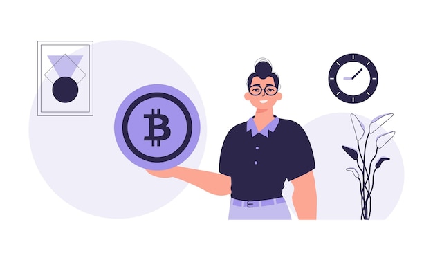 Het concept van mijnbouw en winning van bitcoin Een man houdt een bitcoin in de vorm van een munt in zijn handen Karakter in moderne trendy stijl
