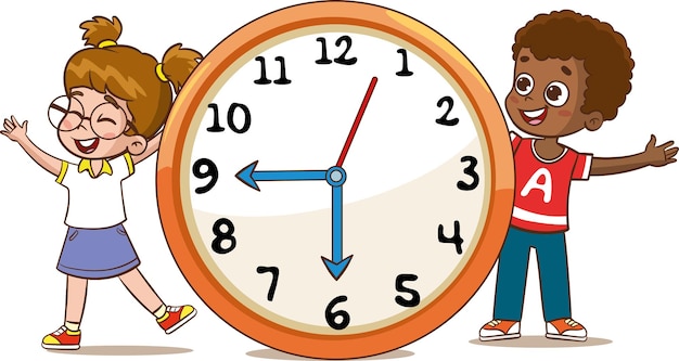 het concept van tijd onderwijzen Schattige kinderen klok sjabloon illustratieKleine kinderen houden een Clo