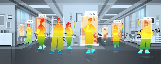 Het detecteren van verhoogde lichaamstemperatuur van zakenmensen in kantoor controle door contactloze thermische ai camera stop coronavirus uitbraak concept horizontale vectorillustratie