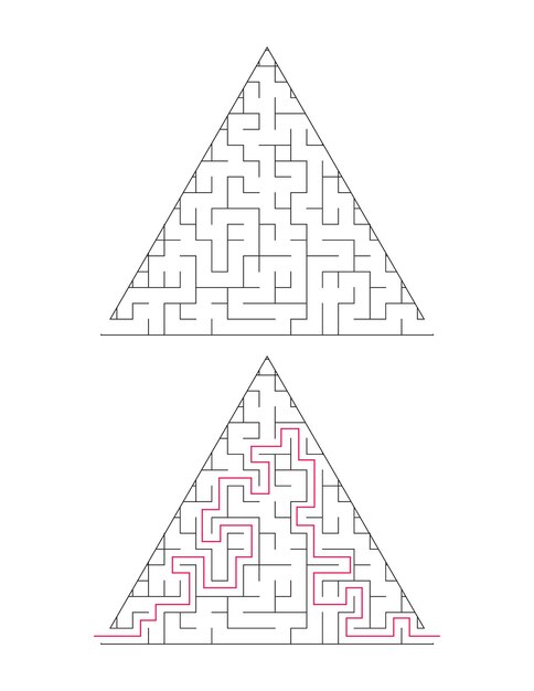 Het driehoekige doolhof heeft een ingang en een uitgang Doolhof met als antwoord het doorgangspad