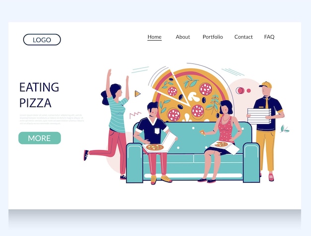 Het eten van pizza vector website sjabloon webpagina en landing page design voor website en mobiele site ontwikkeling Gelukkige stel eten takeaway pizza zitten op de bank thuis Fast food levering