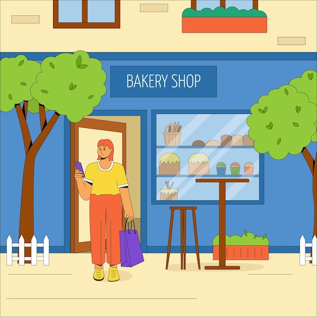 Het gebouw van de stadsbakkerij het karakter in een bakkerijwinkel vectorconcept van een zomercafé