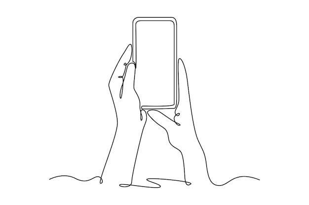 Het gebruik van een smartphone met twee handen rekenmachine Smartphone Laptop concept Single line draw design