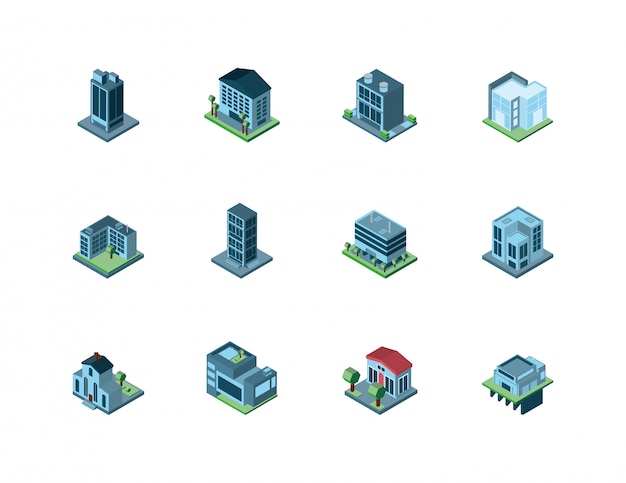 Het geïsoleerde isometrische ontwerp van stadsgebouwen