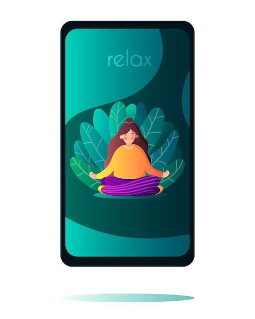 Het geïsoleerde meisje in yoga stelt in de bladeren in vlakke stijl op het telefoonscherm i